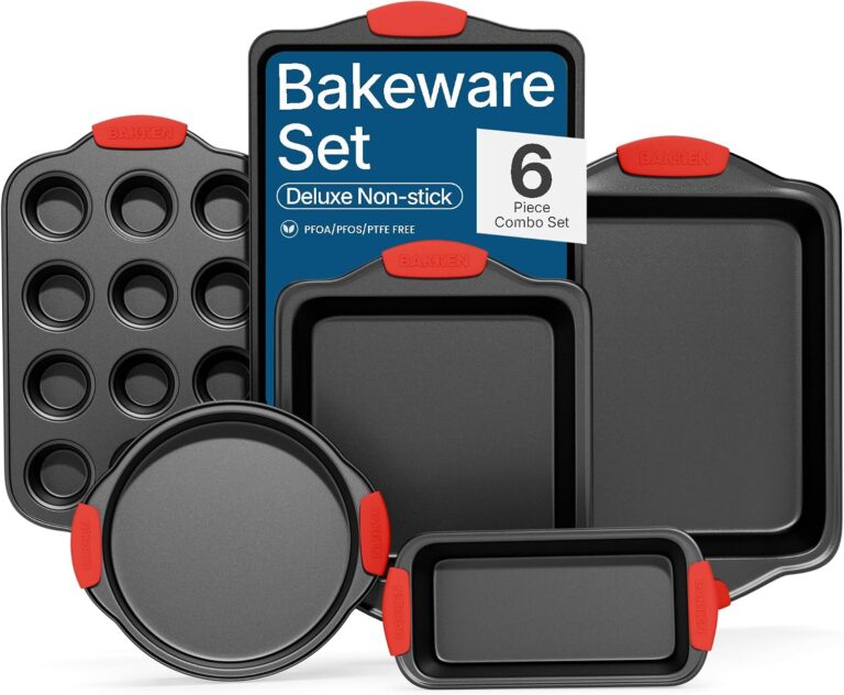 BAKKENMASTER Baking Set  6 Piece Kitchen Oven Bakeware Set  Deluxe Non-Stick Black Coating Inside and Outside  Carbon Steel  Red Silicone Handles  PFOA PFOS and PTFE Free by Bakken