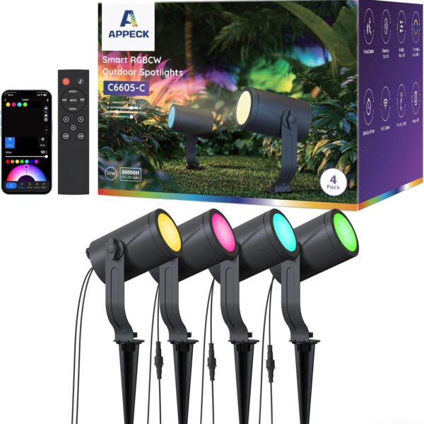 APPECK Smart Landscape Lighting Kit 24W, Color Changing Landscape Lights 4 Pack, RGBCW Outdoor Spot Lights IP65 Waterproof, for Garden Yard Pathway Holiday Decor, Compatible with Alexa