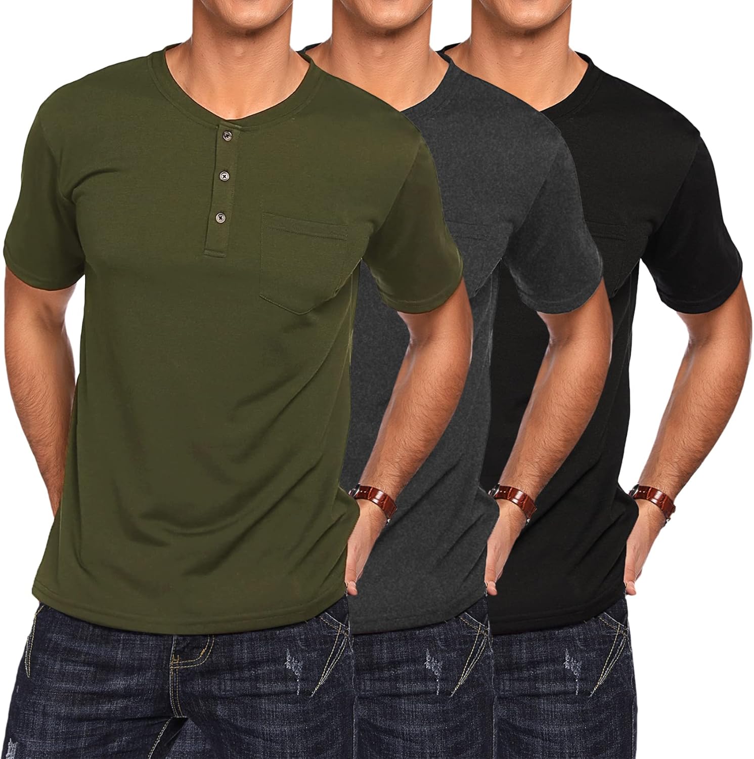 COOFANDY Men's 3 Pack Henley Shirts Short Sleeve Casual Basic Tees Classic Henley Summer Solid T Shirts with Pocket COOFANDY Men's 3 Pack Henley Shirts Short Sleeve Casual Basic Tees Classic Henley Summer Solid T Shirts with Pocket