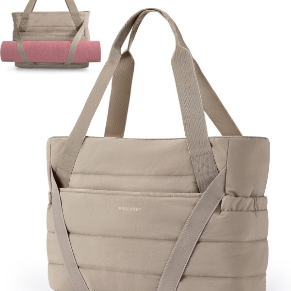 BAGSMART Tote Bag for Women with Zipper and Yoga Mat Straps Quilted Gym Tote for Travel, Work, Sport