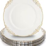 Okllen 12 Pack Plastic Round Charger Plates, 13" Dinner Charger Dessert Plates with Gold Rim, Vintage Charger Serving Plates for Catering, Wedding, Tabletop Decor, White, Floral Trim