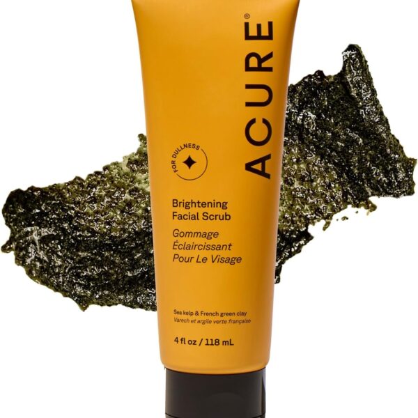 Acure Brightening Facial Scrub - Exfoliating Face Wash, Gentle Daily Scrubber & Exfoliator for Women & Men for Radiant Skin, Cleansing Wash with Sea Kelp & French Green Clay - 4 fl oz
