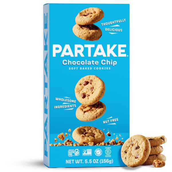 Gluten Free Partake Soft Baked Chocolate Chip Cookies - Vegan - Free From the Top 9 Allergens Including Dairy, Wheat, Soy, Eggs, & Peanuts - Non GMO - Safe School & Office Snack (1 Pack, 5.5oz Box)