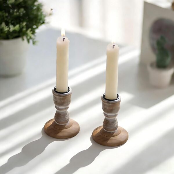 NUPTIO Taper Candle Holders Wood: Set of 2 Rustic Brown Wooden Candlestick Holder - Vintage Small Farmhouse Candles Stick Candleholder for Fall Christmas Home Living Room Table Decor