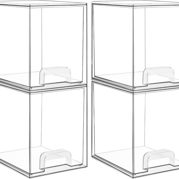 Vtopmart 7.6" H Clear Stackable Storage Drawers, 4 Pack Plastic Organizers Bins for Skincare, Cosmetics,Beauty Supplies,Ideal for Vanity, Bathroom,Kitchen Countertop,Cabinet Organization