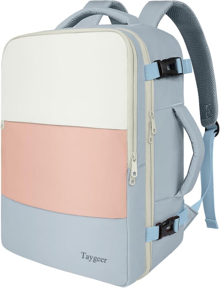 Taygeer Carry on Backpack for Women, Personal Item Travel Bag with Water Bottle Pocket, 15.6 Inch Laptop Compartment, TSA Approved Weekender Backpack for Business Hiking, Beige Gray Pink