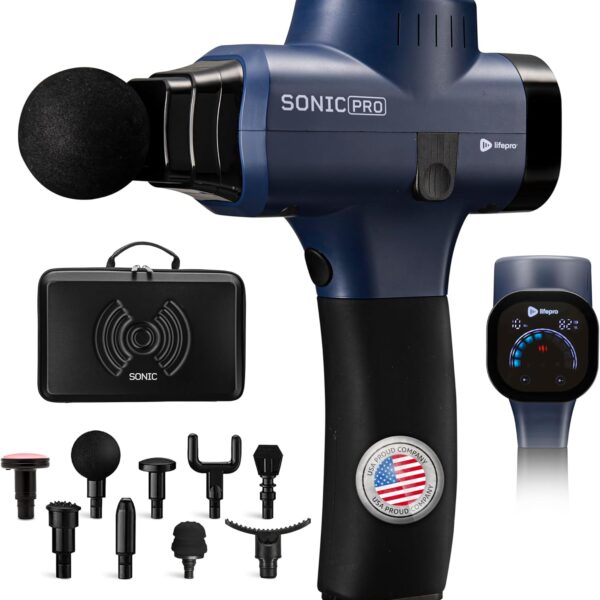 LifePro Sonic Pro Handheld Electric Massage Gun Deep Tissue Percussion Massager Gun with 10 Speeds & 9 Heads Muscle Massager for Athletes Back, Legs, Arms