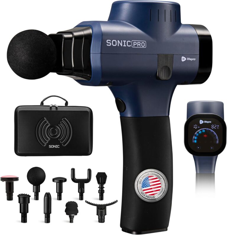 LifePro Sonic Pro Handheld Electric Massage Gun  Deep Tissue Percussion Massager Gun with 10 Speeds & 9 Heads  Muscle Massager for Athletes Back, Legs, Arms