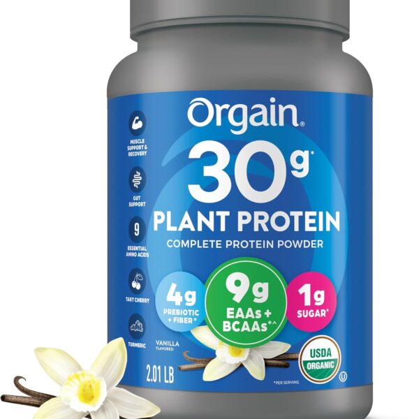 Orgain Organic 30g Vegan Plant Protein Powder, Vanilla, 9g EAAs + BCAAs, High Plant Protein, 4g Prebiotic + Fiber, 1g Sugar, Pre-Workout, Muscle Support + Recovery - 2.01lb (Packaging May Vary)