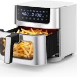 NEWBULIG Air Fryer 6.34QT Airfryer with Visible Window Stainless Steel | 400 Fast Heating Air Fryers Oven with Nonstick and Dishwasher-Safe Basket 8-in-1 Cooking Preset with Timer Auto-Off