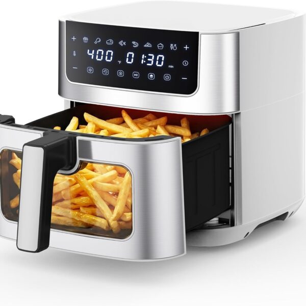 NEWBULIG Air Fryer 6.34QT Airfryer with Visible Window Stainless Steel | 400 Fast Heating Air Fryers Oven with Nonstick and Dishwasher-Safe Basket 8-in-1 Cooking Preset with Timer Auto-Off