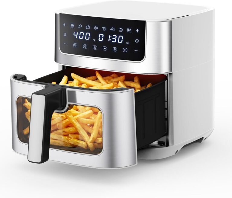 NEWBULIG Air Fryer 6.34QT Airfryer with Visible Window Stainless Steel | 400 Fast Heating Air Fryers Oven with Nonstick and Dishwasher-Safe Basket 8-in-1 Cooking Preset with Timer Auto-Off