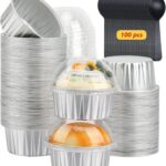 5oz Cupcake Pans Muffin Tins with Lids 100 Pack,LNYZQUS Aluminum Foil Mini Cake Baking Pans,Small Baking Cups Containers,Disposable Ramekins Muffin Cups -Silver