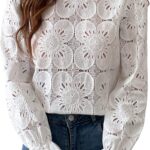 CUPSHE Women's Eyelet Tops Summer Hollow Out Lace Embroidered Crochet Long Sleeve Blouses 2026