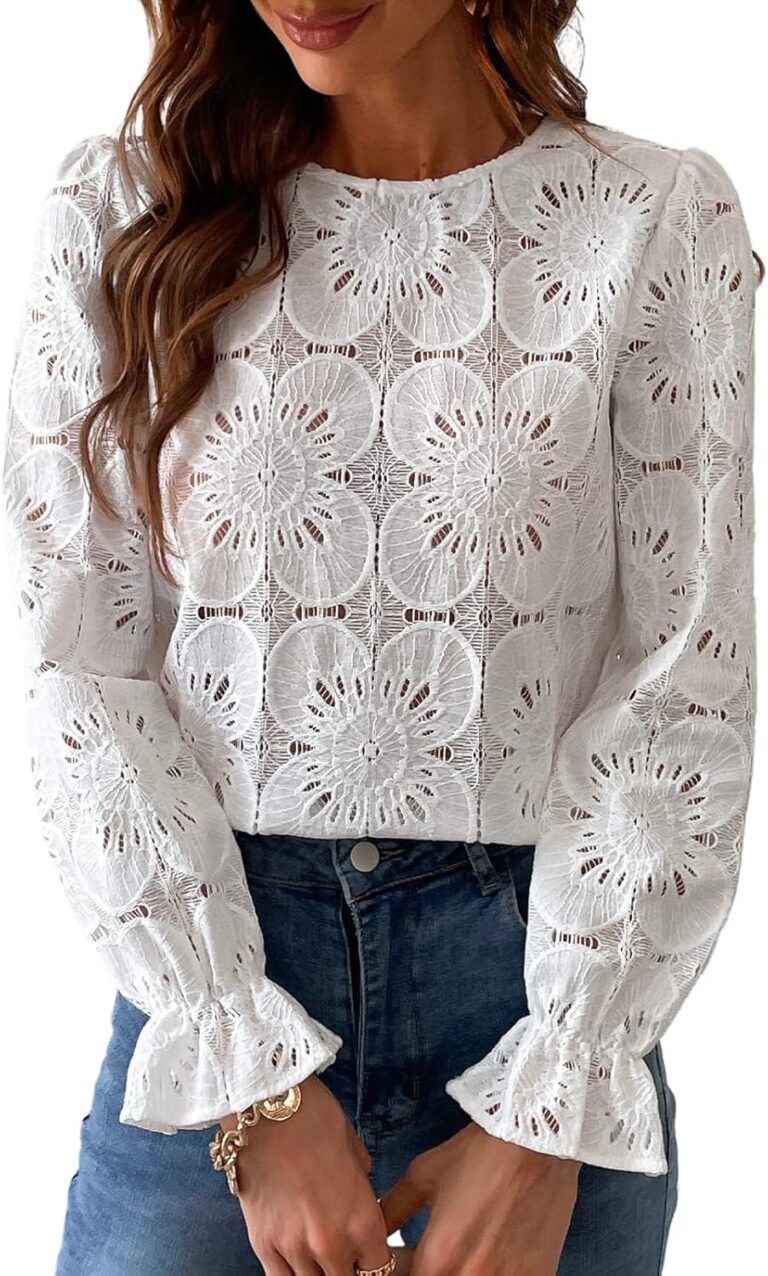 CUPSHE Women's Eyelet Tops Summer Hollow Out Lace Embroidered Crochet Long Sleeve Blouses 2026