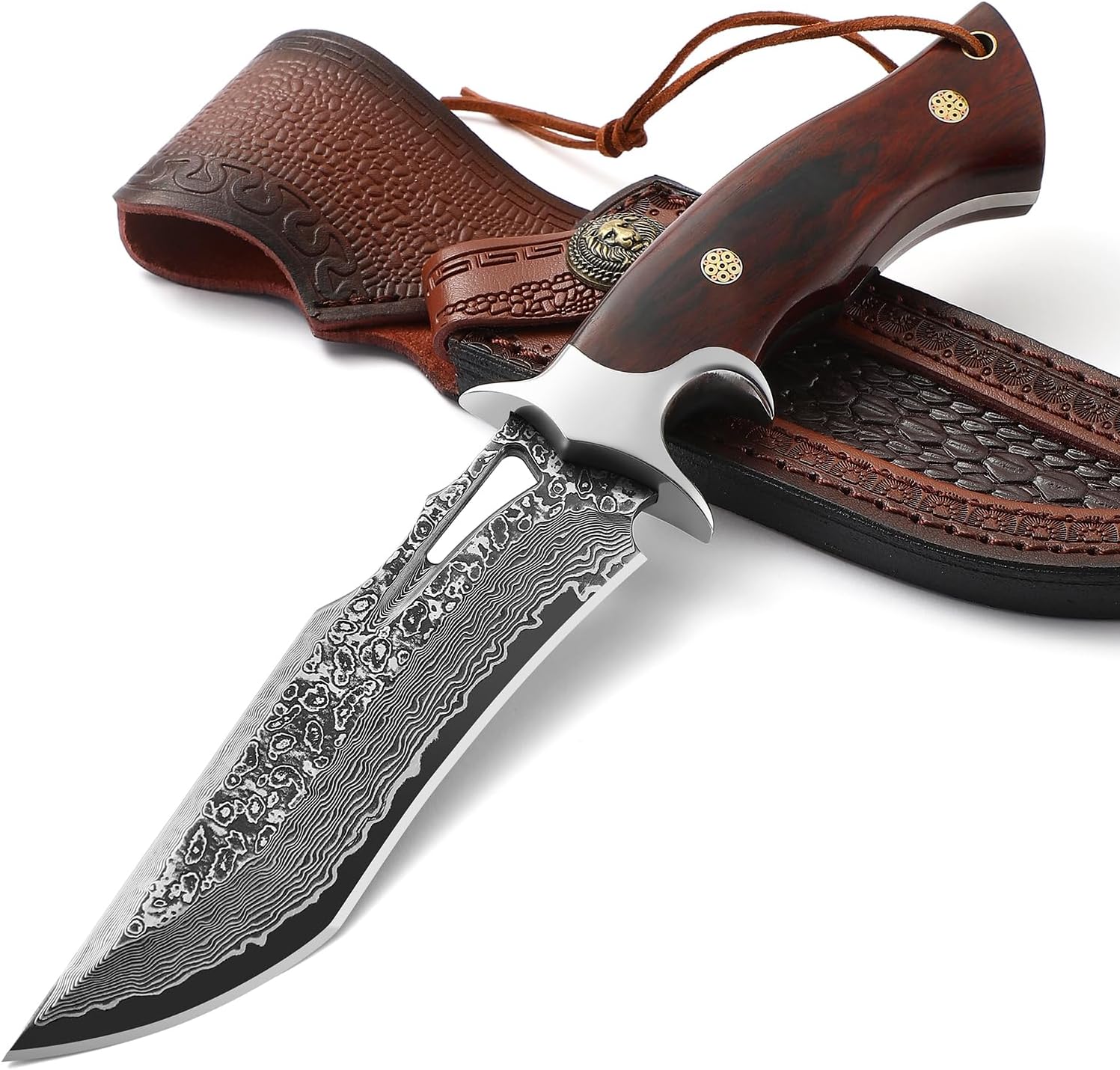 Omesio Damascus Hunting Knife, 10.04'' Damascus Steel Fixed Blade Knife Full Tang, Outdoor Survival Camping Damascus Knife with Sheath, Japanese Style, Wooden Handle with Gift Box Omesio Damascus Hunting Knife, 10.04'' Damascus Steel Fixed Blade Knife Full Tang, Outdoor Survival Camping Damascus Knife with Sheath, Japanese Style, Wooden Handle with Gift Box