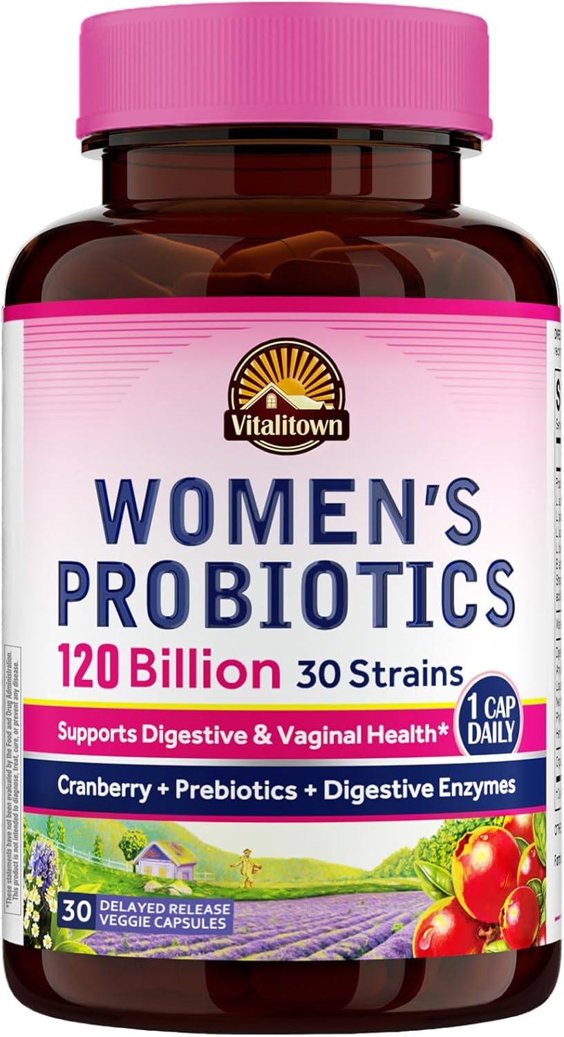 Vitalitown Probiotics for Women 120 Billion CFUs, 30 Strains, with Prebiotics & Digestive Enzymes & Cranberry, Gut & Vaginal Health, Vegan 30 (Pack of 1) Delayed Release Caps Vitalitown Probiotics for Women 120 Billion CFUs, 30 Strains, with Prebiotics & Digestive Enzymes & Cranberry, Gut & Vaginal Health, Vegan 30 (Pack of 1) Delayed Release Caps