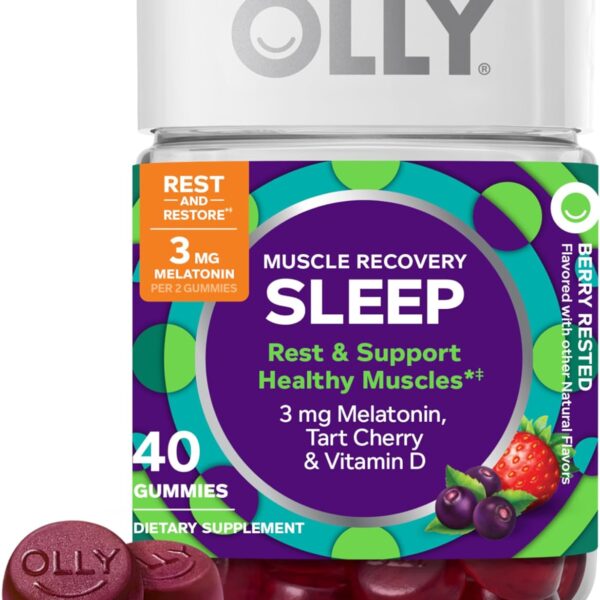 OLLY Muscle Recovery Sleep Gummies, Sleep and Healthy Muscle Support,* 3mg Melatonin, Tart Cherry Extract, Vitamin D, Berry Rested Flavor, 20 Day Supply - 40 Count