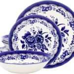 Tudor Royal 12-Piece Porcelain Dinnerware Set for 4  Victoria Blue Floral Design | Dinner Plates Salad Plates Bowls | Blue Floral Dinnerware, Dishwasher & Microwave Safe, Glossy