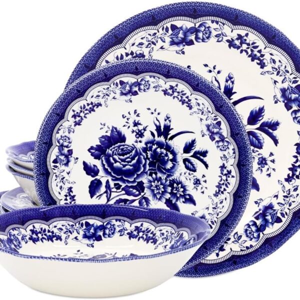 Tudor Royal 12-Piece Porcelain Dinnerware Set for 4  Victoria Blue Floral Design | Dinner Plates Salad Plates Bowls | Blue Floral Dinnerware, Dishwasher & Microwave Safe, Glossy