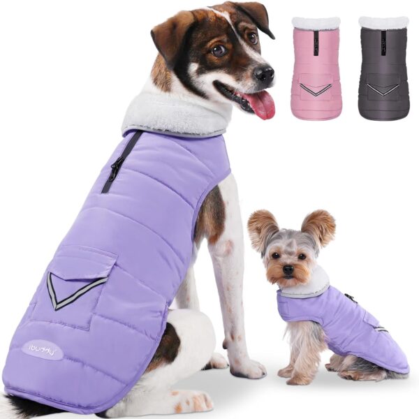Dog Winter Coat for Large Dogs, Easy on Dog Snow Fleece Coat Velcro Waterproof Pet Puffer Clothes with Harness Hole Adjustable Reflective Quilted Pet Cold Weather Vest Wind-poof for Girl Female