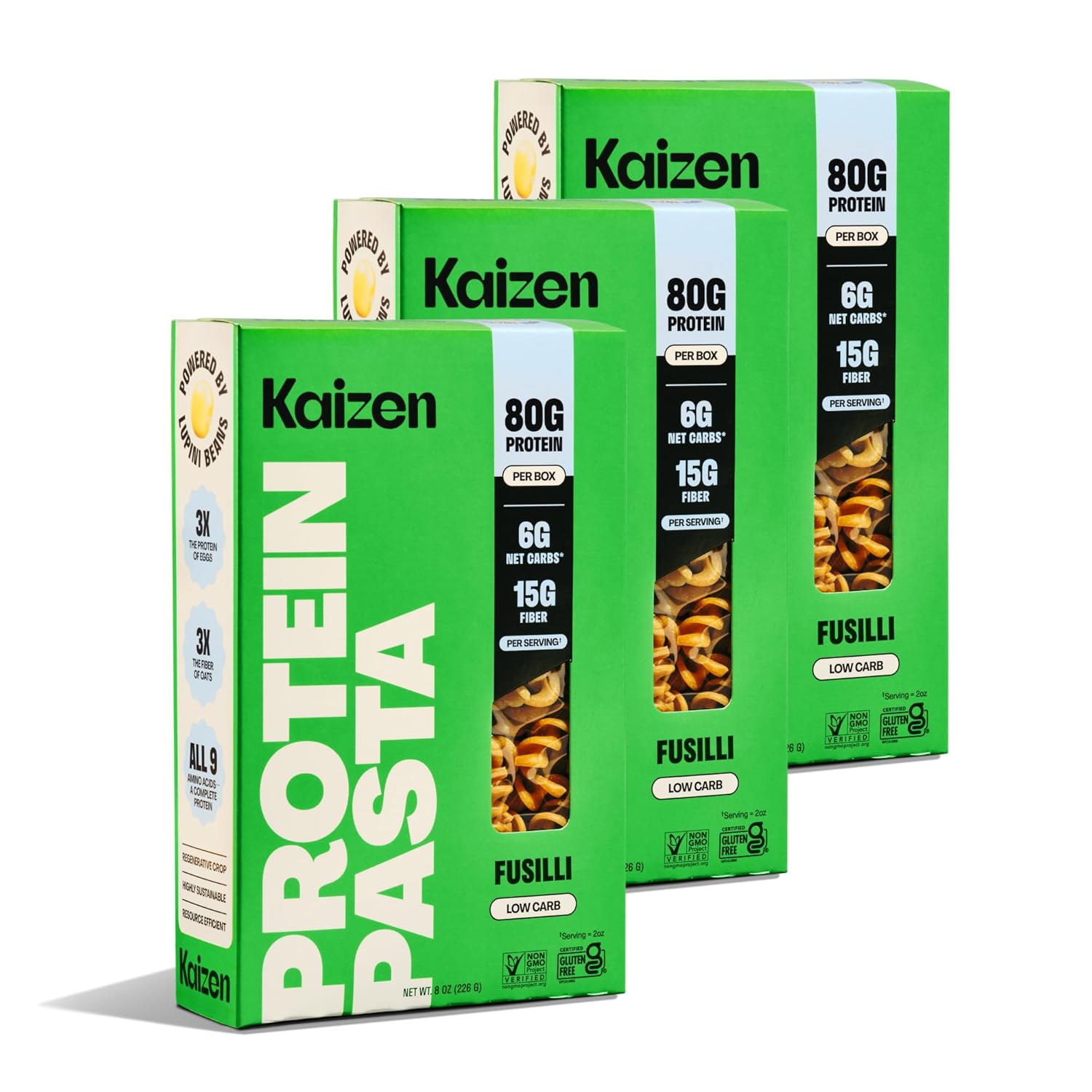 Kaizen Fusilli Protein Pasta, 20g Protein, Low Carb (6g Net Carbs), Keto-Friendly, Gluten-Free, Plant-Based Lupini Noodles, High Fiber, 8 Ounce, Pack of 3 Kaizen Fusilli Protein Pasta, 20g Protein, Low Carb (6g Net Carbs), Keto-Friendly, Gluten-Free, Plant-Based Lupini Noodles, High Fiber, 8 Ounce, Pack of 3