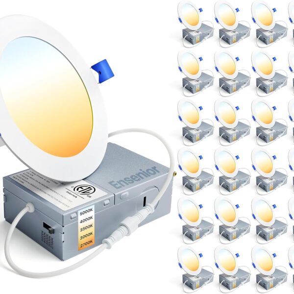 Ensenior 24 Pack 4 Inch LED Recessed Ceiling Light, Dimmable, 2700K-5000K 5CCT, 750LM 9W 120V, High Brightness Canless Wafer Downlight - ETL&FCC&IC