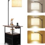 PESRAE Floor Lamp with Table & 2 Drawers, End Table with 3 Color Temperature Reading Light, Side Table Lamp with USB & Type C & AC Charging Port for Living Room, Bedroom