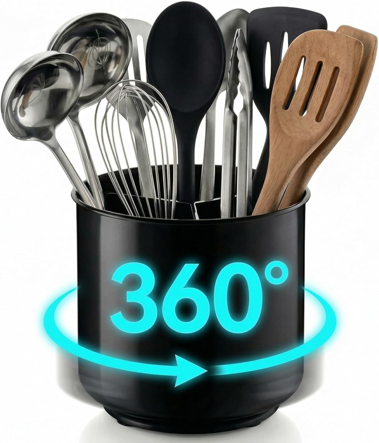 Cooler Kitchen Jumbo Extra Large Sturdy Rotating Black Utensil Holder Caddy with No-Tip Weighted Base, and Gripped Insert - Rust Proof and Dishwasher Safe Kitchen Utensils Holder Cooler Kitchen Jumbo Extra Large Sturdy Rotating Black Utensil Holder Caddy with No-Tip Weighted Base, and Gripped Insert - Rust Proof and Dishwasher Safe Kitchen Utensils Holder
