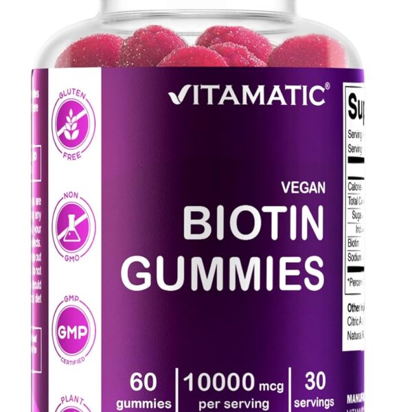 Vitamatic Biotin Gummies 10,000 mcg for Stronger Hair, Skin & Nails - 60 Vegan Gummies - Also Called Vitamin B7 (1 Bottle)