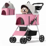 MoNiBloom 3 in 1 Foldable Pet Stroller for Small & Medium Dogs, Detachable Carrier, Car Seat, Push Button Entry, 4-Wheel Jogger for Pets up to 33 lbs, Pink