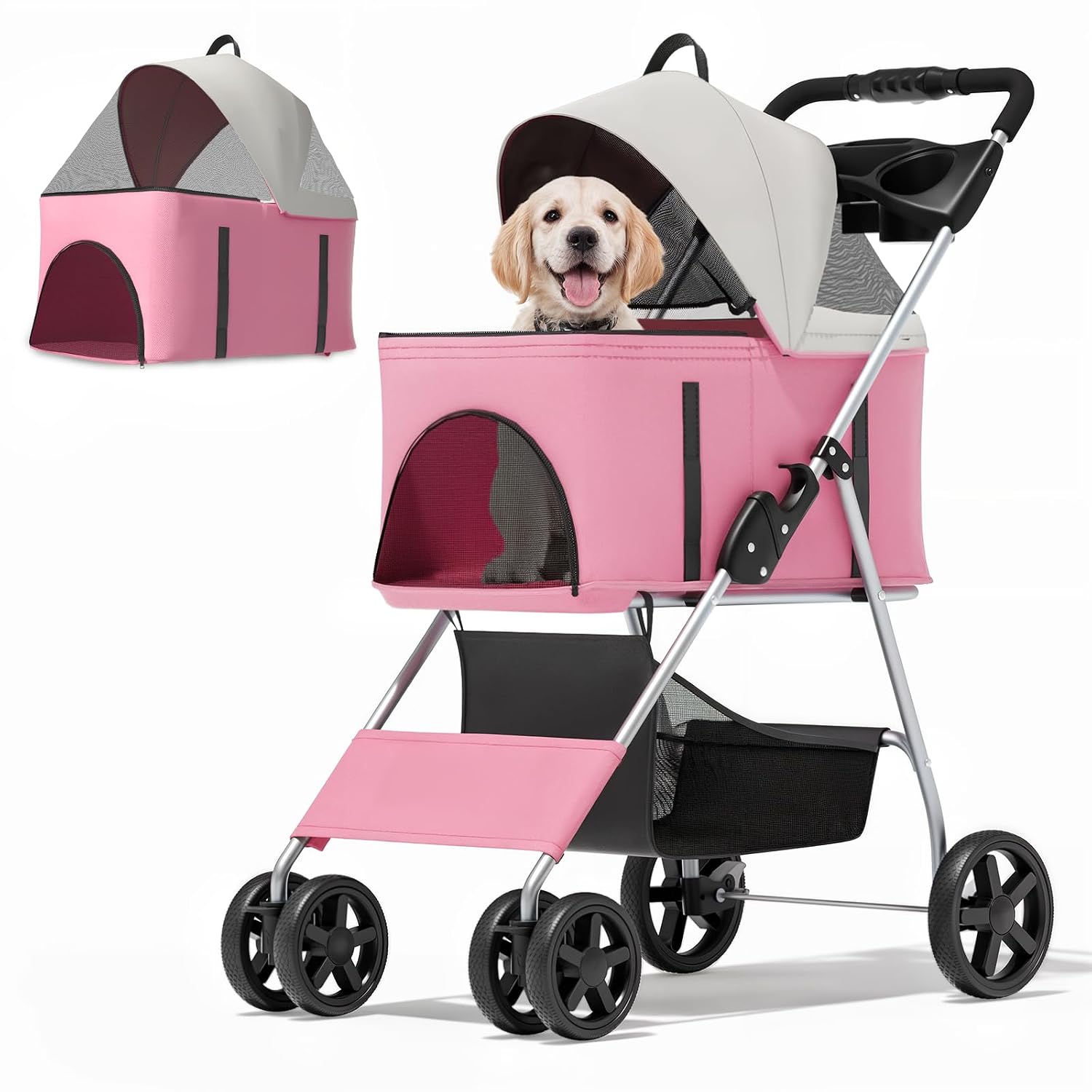 MoNiBloom 3 in 1 Foldable Pet Stroller for Small & Medium Dogs, Detachable Carrier, Car Seat, Push Button Entry, 4-Wheel Jogger for Pets up to 33 lbs, Pink MoNiBloom 3 in 1 Foldable Pet Stroller for Small & Medium Dogs, Detachable Carrier, Car Seat, Push Button Entry, 4-Wheel Jogger for Pets up to 33 lbs, Pink