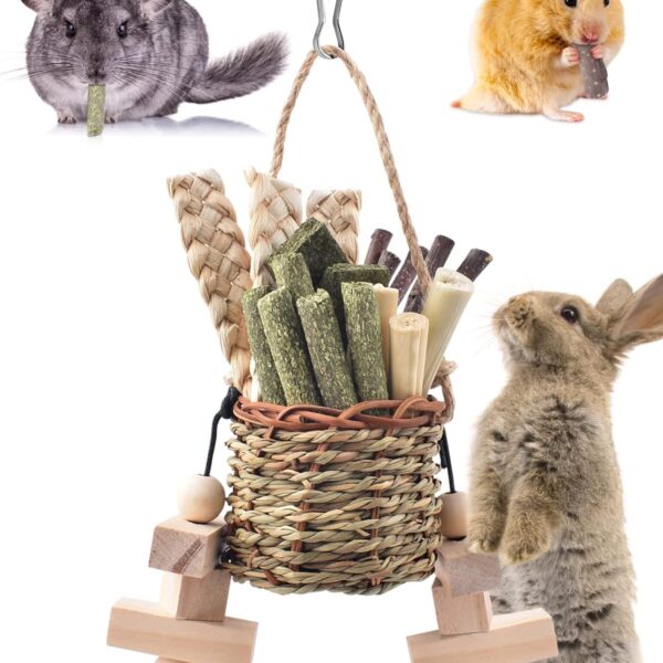 Bissap Rabbit Chew Toys, Natural Seagrass Hanging Basket Chews Water Plant Woven Bunny Chewing Treats for Guinea Pigs Chinchillas Hamsters Rats and Other Small Pets Teeth Grinding Toy