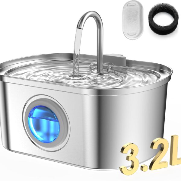 Cat Water Fountain Stainless Steel with Water Level Window,108oz/3.2L Cat Fountain Quiet Automatic Pet Water Fountain for Cats and Small Dogs(Cat Fountain 3.2L)