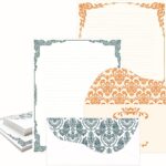 Anzon Mories 96 Piece Stationary Set (64 Sheet Paper and 32 Envelope) Both Side Line Vintage Ivory Lace pattern 2 Color Navy Orange Gold border Stationery Letter Writing Paper 8.5 x 11 In College Rule