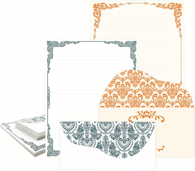 Anzon Mories 96 Piece Stationary Set (64 Sheet Paper and 32 Envelope) Both Side Line Vintage Ivory Lace pattern 2 Color Navy Orange Gold border Stationery Letter Writing Paper 8.5 x 11 In College Rule