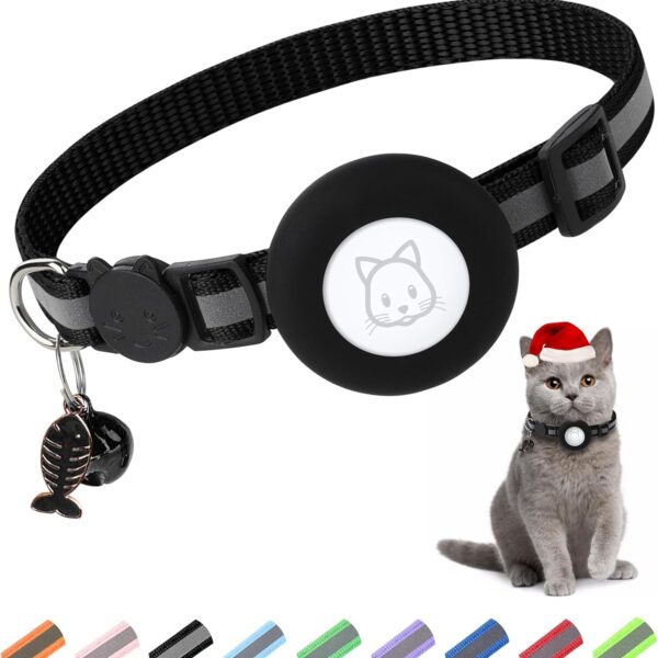 Airtag Cat Collar, Air tag Cat Collar with Bell and Safety Buckle in 3/8" Width, Reflective Collar with Waterproof Airtag Holder Compatible with Apple Airtag for Cat Dog Kitten Puppy (Black)