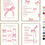 LARTSFRO Coquette Pink Bow Christian Wall Art Decor Posters, Pink Bow Christian Bathroom Room Bedroom Dorm Wall Art Decor Aesthetic for College Teen Girls Gifts,Inspirational Bible Verses Bow Wall Decor, 10x8 Inch Set of 4 Bow Pictures(UNFRAMED)