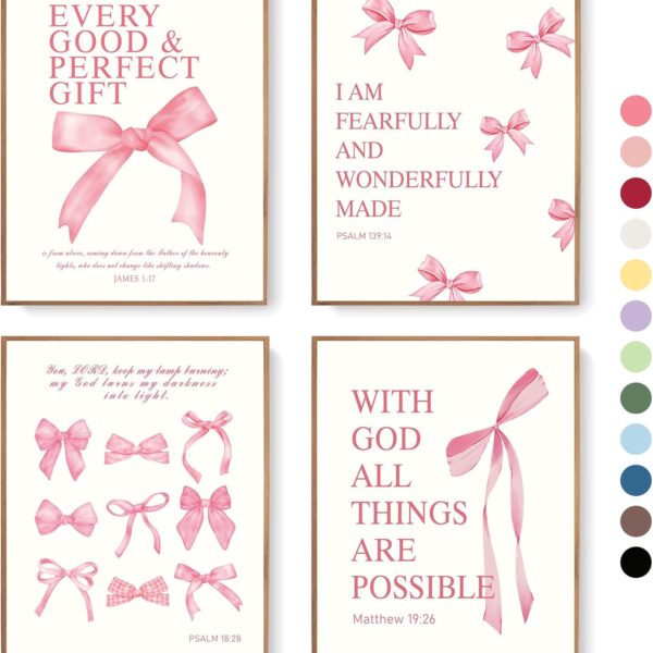 LARTSFRO Coquette Pink Bow Christian Wall Art Decor Posters, Pink Bow Christian Bathroom Room Bedroom Dorm Wall Art Decor Aesthetic for College Teen Girls Gifts,Inspirational Bible Verses Bow Wall Decor, 10x8 Inch Set of 4 Bow Pictures(UNFRAMED)