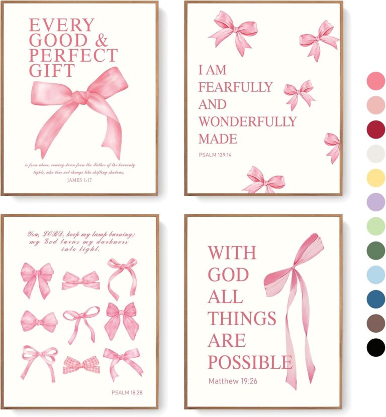 LARTSFRO Coquette Pink Bow Christian Wall Art Decor Posters, Pink Bow Christian Bathroom Room Bedroom Dorm Wall Art Decor Aesthetic for College Teen Girls Gifts,Inspirational Bible Verses Bow Wall Decor, 10x8 Inch Set of 4 Bow Pictures(UNFRAMED)