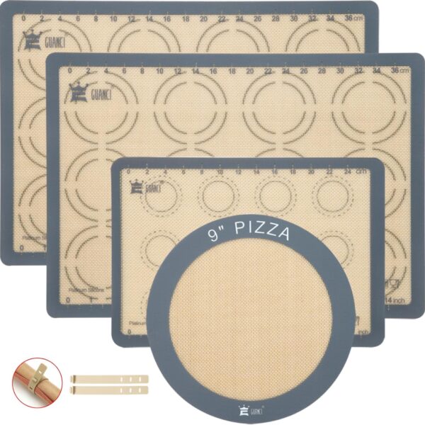 GUANCI Silicone Baking Mat Set of 4, 2 Medium 16.5"x11.6", 1 Small 11.8"x8.4", 1 Piece 9" Round, All Mats 0.7mm Thick, Food Grade Non-Stick Reusable Baking Mats for Pizza, Bread, Pastry, Macarons
