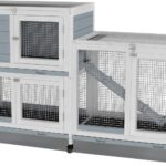 GDLF Two Floors 58" Wooden Indoor Bunny Hutch Rabbit Cage on Wheels Guinea Pig PET House for Small to Medium Animals Waterproof No Leak Tray
