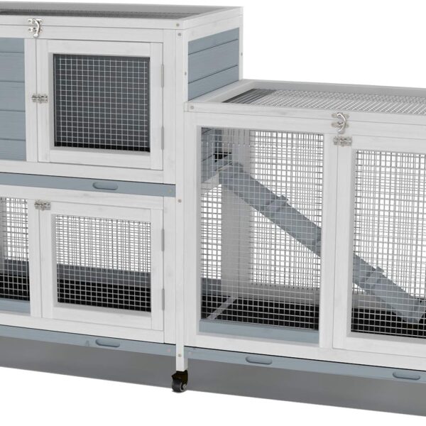 GDLF Two Floors 58" Wooden Indoor Bunny Hutch Rabbit Cage on Wheels Guinea Pig PET House for Small to Medium Animals Waterproof No Leak Tray