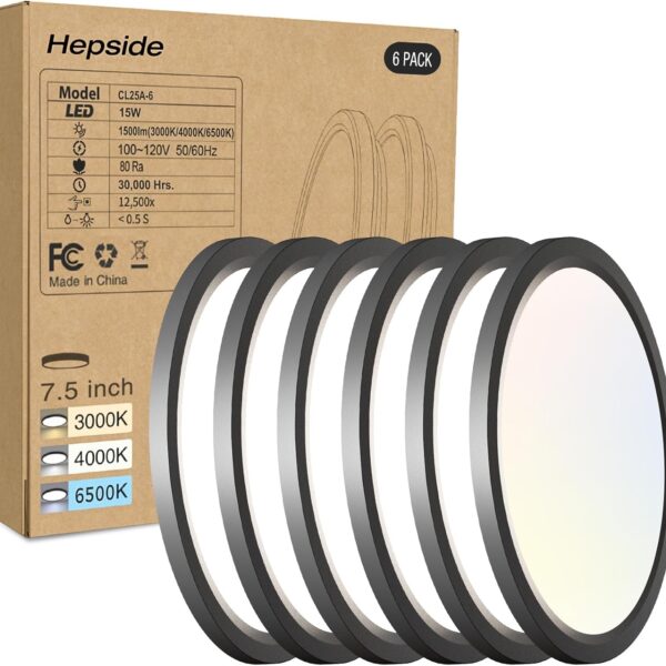 6PACK LED Flush Mount Ceiling Light, 3000K-4000K-6500K & 100W Equivalent Disc Closet Ceiling Light Fixture 7Inch 15W 1500LM Low-Profile Ceiling Fixture for Bathroom Hallway Bedroom Kitchen Basement