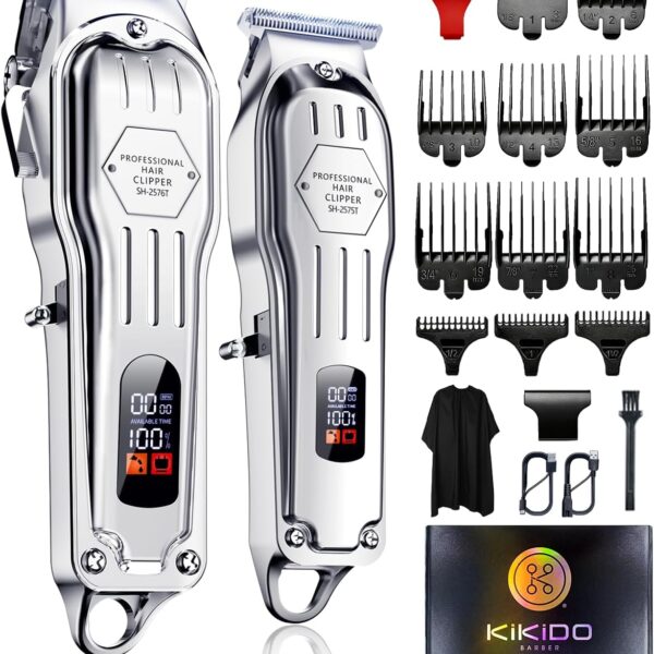 KIKIDO Hair Clippers Professional Cordless for Men, Barber Clippers for Hair Cutting Kit, Wireless LCD Display Hair Trimmers Set, Rechargeable Haircut Machine for Family (Silver)
