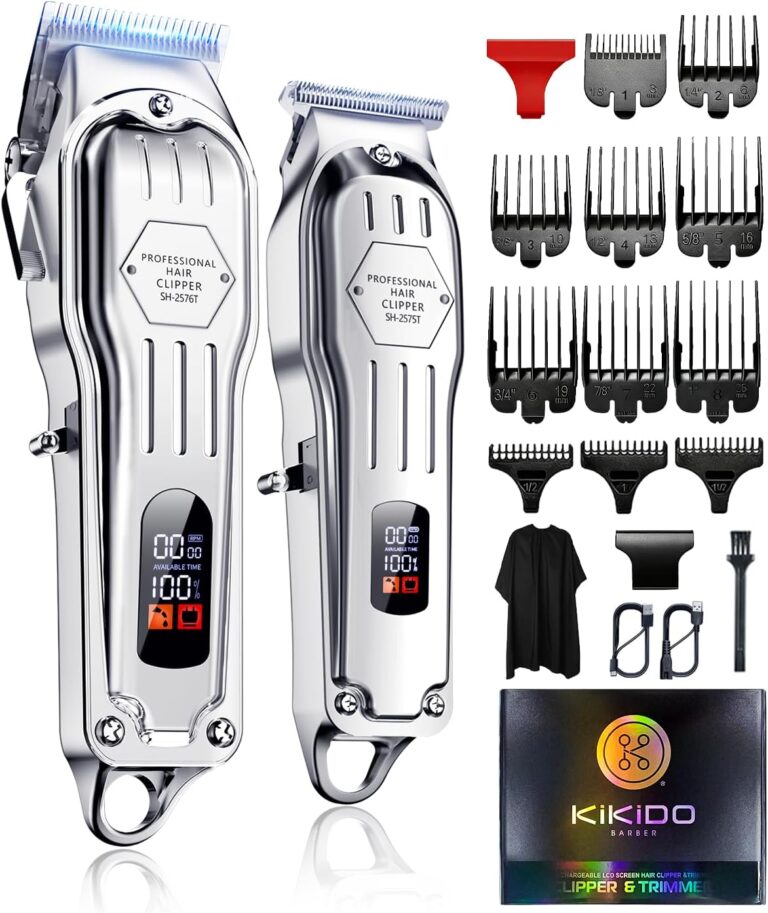 KIKIDO Hair Clippers Professional Cordless for Men, Barber Clippers for Hair Cutting Kit, Wireless LCD Display Hair Trimmers Set, Rechargeable Haircut Machine for Family (Silver)