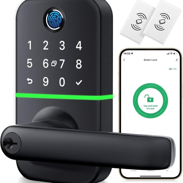 Keypad Smart Door Lock with Handle: Kucacci Keyless Entry Fingerprint Lock - Digital Code Handle with Keypad - Electronic Smart Knob for Front Door - Deadbolt Alternative with App - Easy Installation
