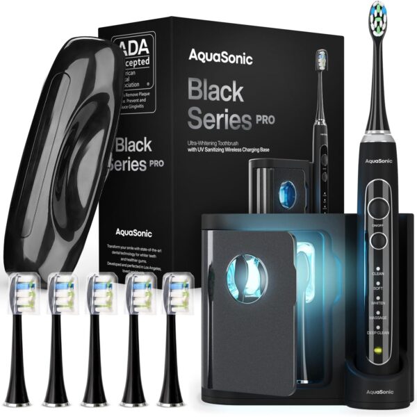 Aquasonic Black Series PRO UV Ultra-Whitening Electric Toothbrush 5 Modes & Smart Timers UV Sanitizing Base, Premium Travel Case & 6 Proflex Brush Heads ADA Accepted