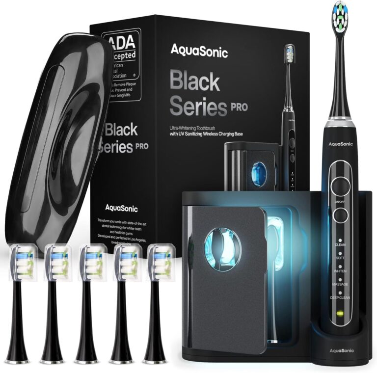 Aquasonic Black Series PRO UV  Ultra-Whitening Electric Toothbrush  5 Modes & Smart Timers  UV Sanitizing Base, Premium Travel Case & 6 Proflex Brush Heads  ADA Accepted