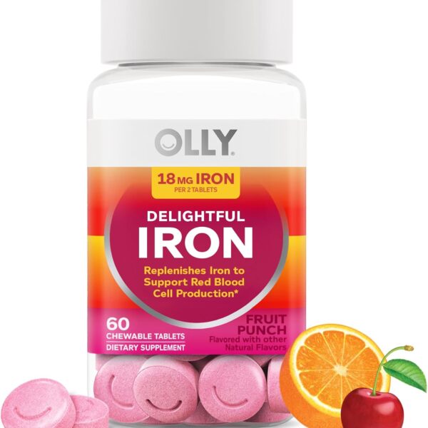 OLLY Delightful Iron Chewable Tablet, Iron Supplement from AB Fortis, Fruit Punch Flavored, 30 or 20 Day Supply - 60 Count